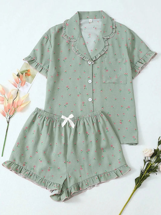 2-Piece Women’s Cotton Pajama Set – Light Green with Floral Print – Short Sleeve