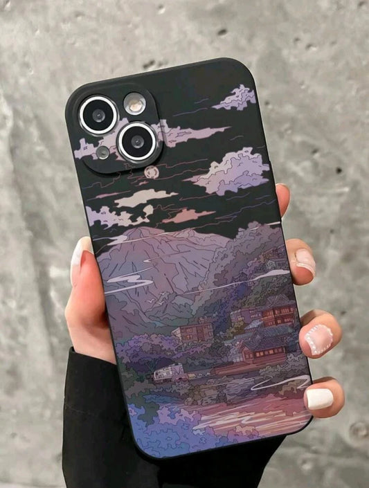 جراب هاتف - لمسة نهائية غير لامعة مع تصميم كرتوني لجبال خلابة - مقاوم للصدمات وأنيق