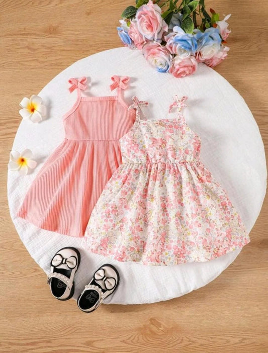2-Piece Toddler Girl Dress Set – Solid Pink Dress + Floral Print Dress – Summer