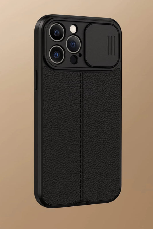 جراب هاتف محمول من الجلد الصناعي - أسود مع غطاء منزلق للكاميرا