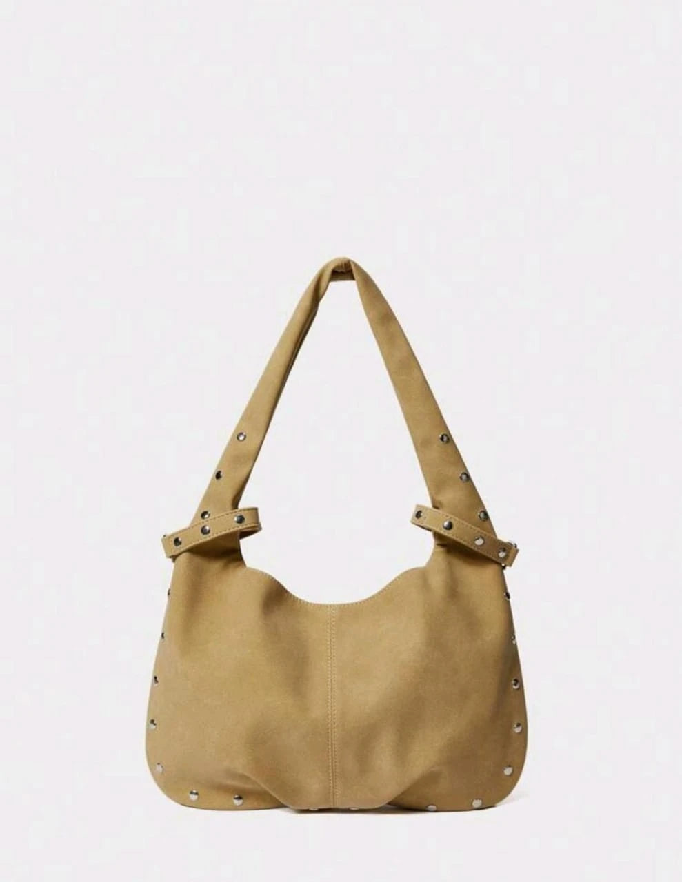 حقيبة كتف من جلد الغزال البيج - تصميم كلاسيكي منحني مع دبابيس فضية