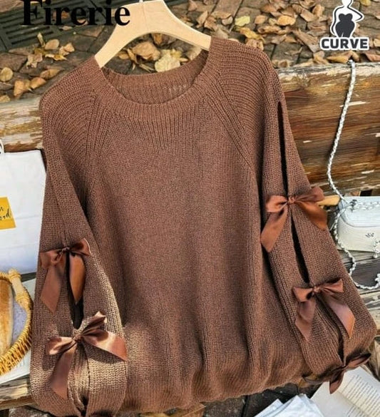 Women’s Winter Knit Sweater with Bow-Tie Sleeves – Brown Color