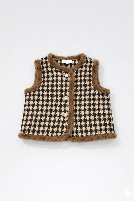 صدرية بدون أكمام للبنات من شي إن - بنقشة مربعات صغيرة مع حواف من الفرو - توصيل سريع