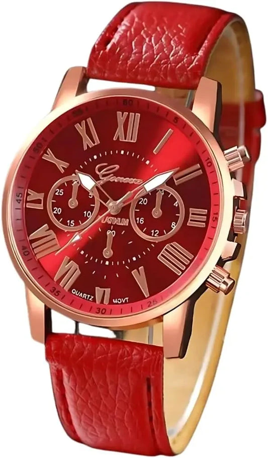 ساعة نسائية بحزام أحمر ومينا أحمر وعلبة من الذهب الوردي