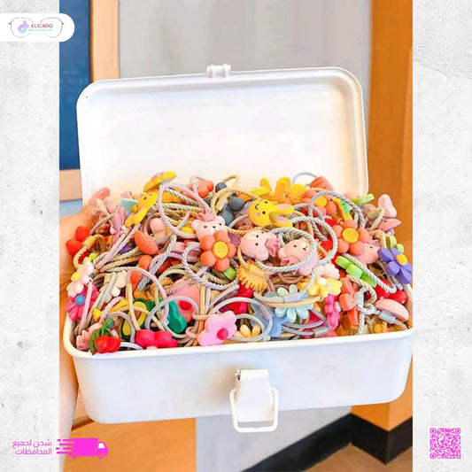 50 Pcs Kids Hair Ties and Clips Set – Colorful Hair Accessories Box with Cute De