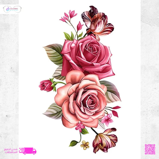 وشم مؤقت - تصميم باقة زهور بألوان وردية وزهرية، ناعم وأنثوي
