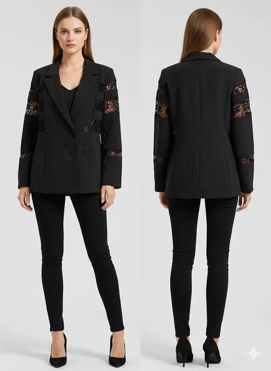 Women’s Black Lace Sleeve Blazer Jacket – Elegant Formal Style | Shein Fast Delivery 5 Days Delicado