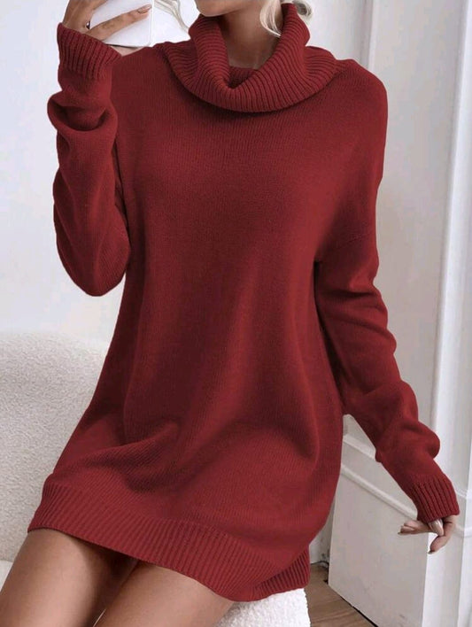 Burgundy Oversized Knit Sweater Dress for Women – Turtleneck Cozy Winter Style