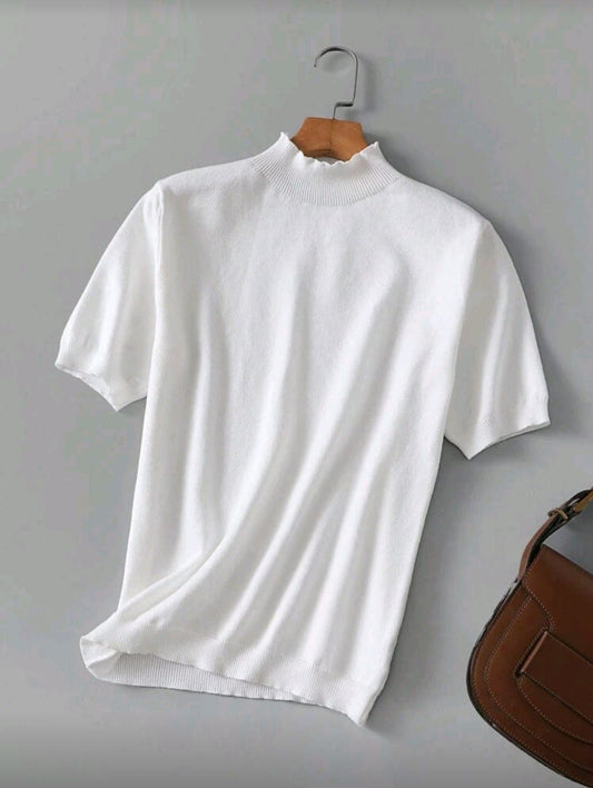 Short Sleeve Ribbed High Neck Knit Top