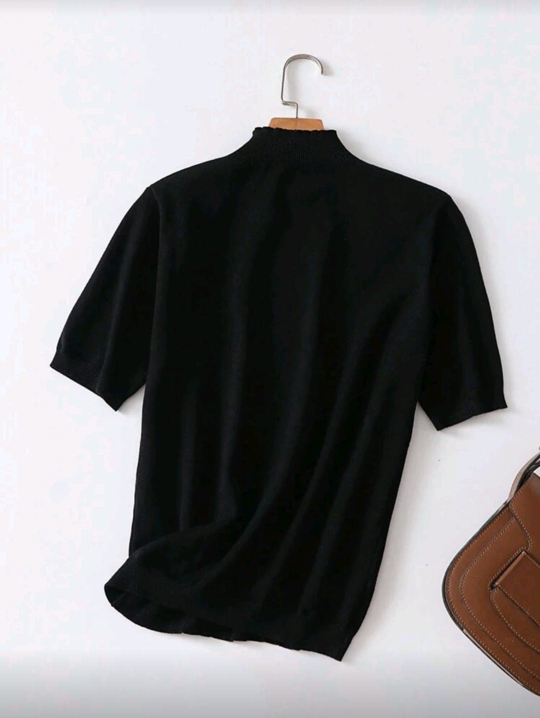 Short Sleeve Ribbed High Neck Knit Top