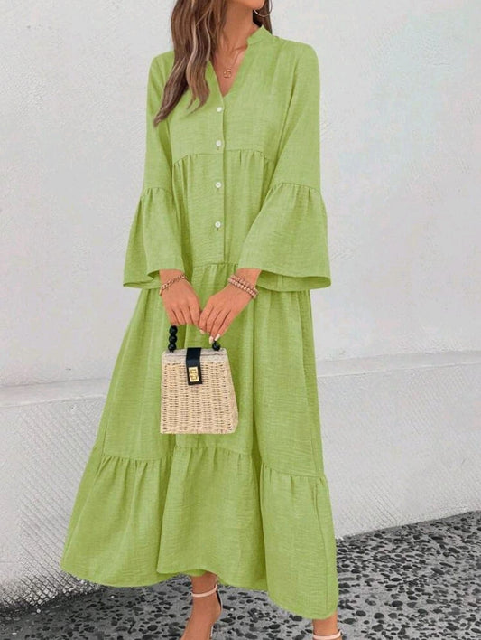 Green Button-Front Maxi Dress with Flared Sleeves for Women