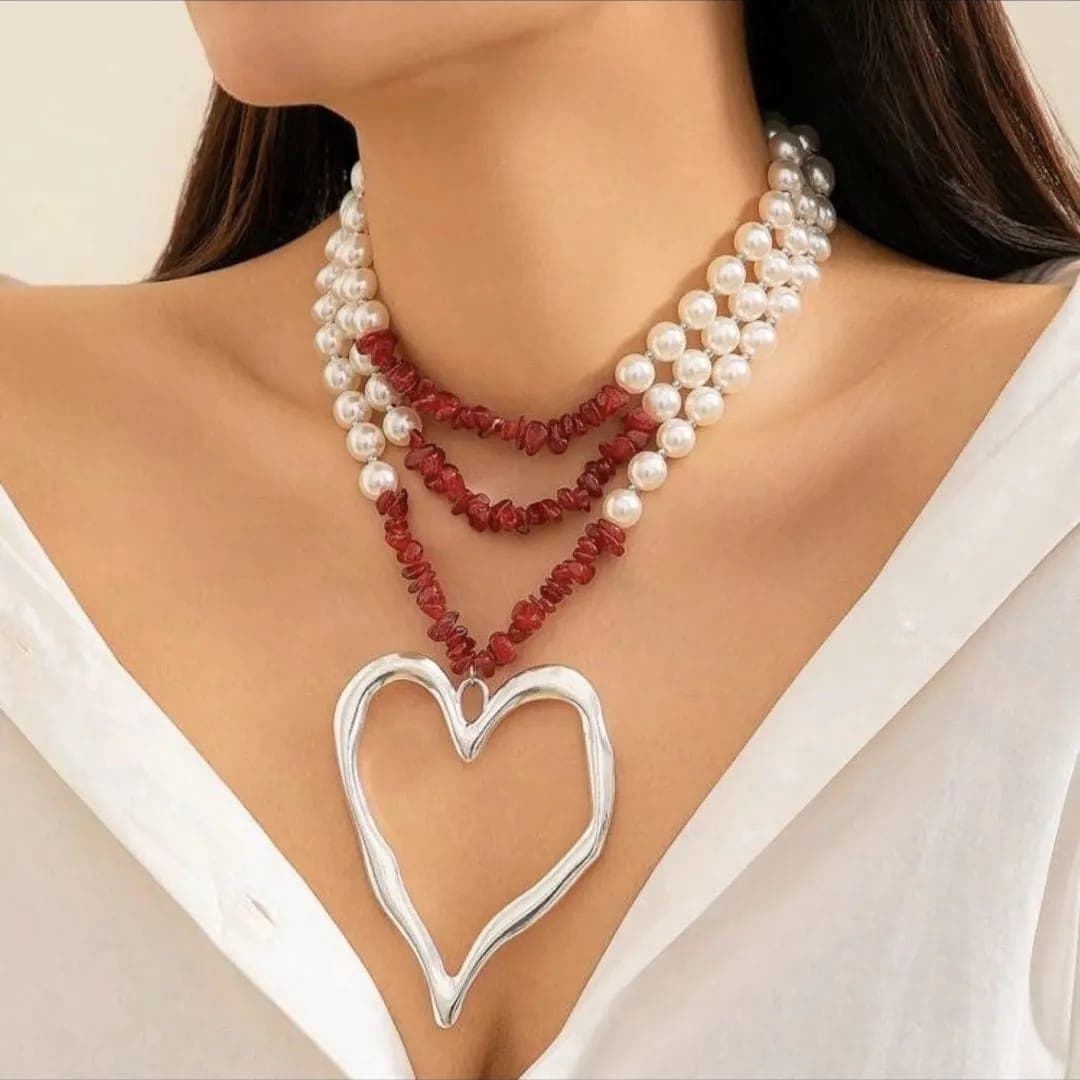 Layered Pearl Necklace with Red Beads and Silver Heart Pendant