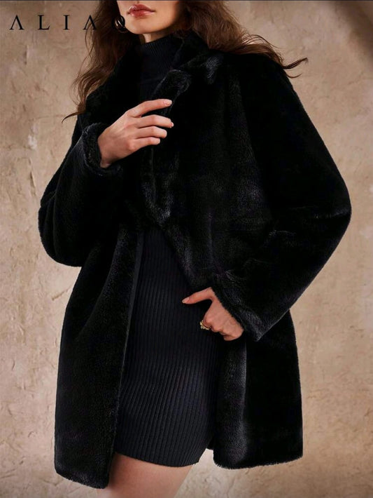 Black Faux Fur Long Coat with Wide Collar