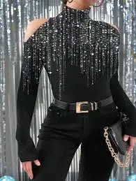 Women’s One-Shoulder High Neck Sequin Fringe Top – Black