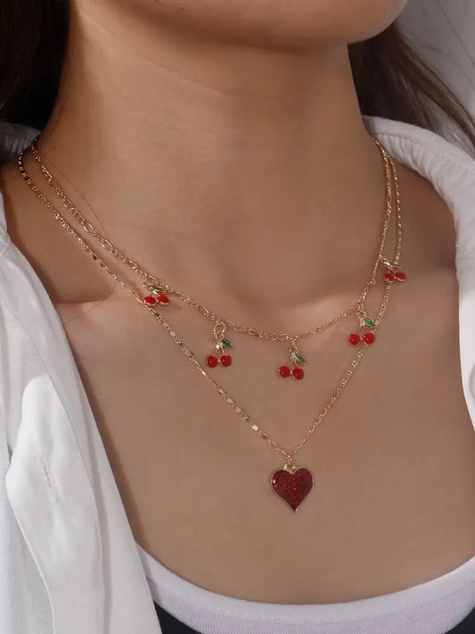 Double Layer Cherry Heart Necklace for Women – Cute Gold Chain Design
