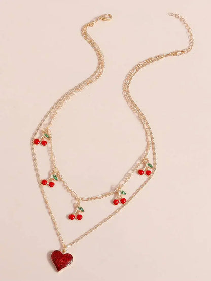 Double Layer Cherry Heart Necklace for Women – Cute Gold Chain Design