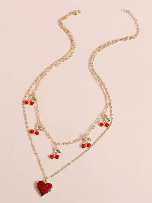 Double Layer Cherry Heart Necklace for Women – Cute Gold Chain Design