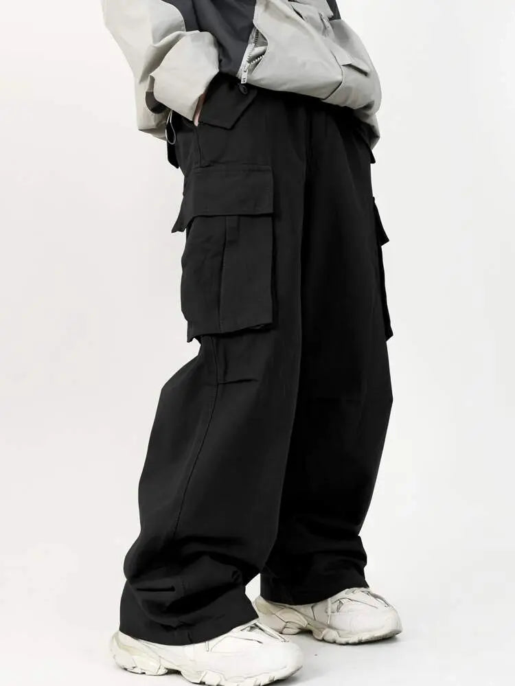 Men’s Black Wide-Leg Cargo Pants – Relaxed Fit Streetwear Trousers