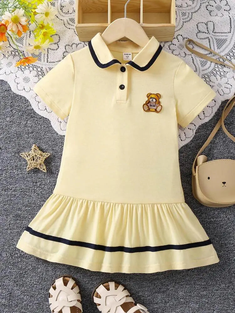Shein Fast Delivery Kids Yellow Polo Dress with Bear Patch – Summer Girls Dress | Delicado
