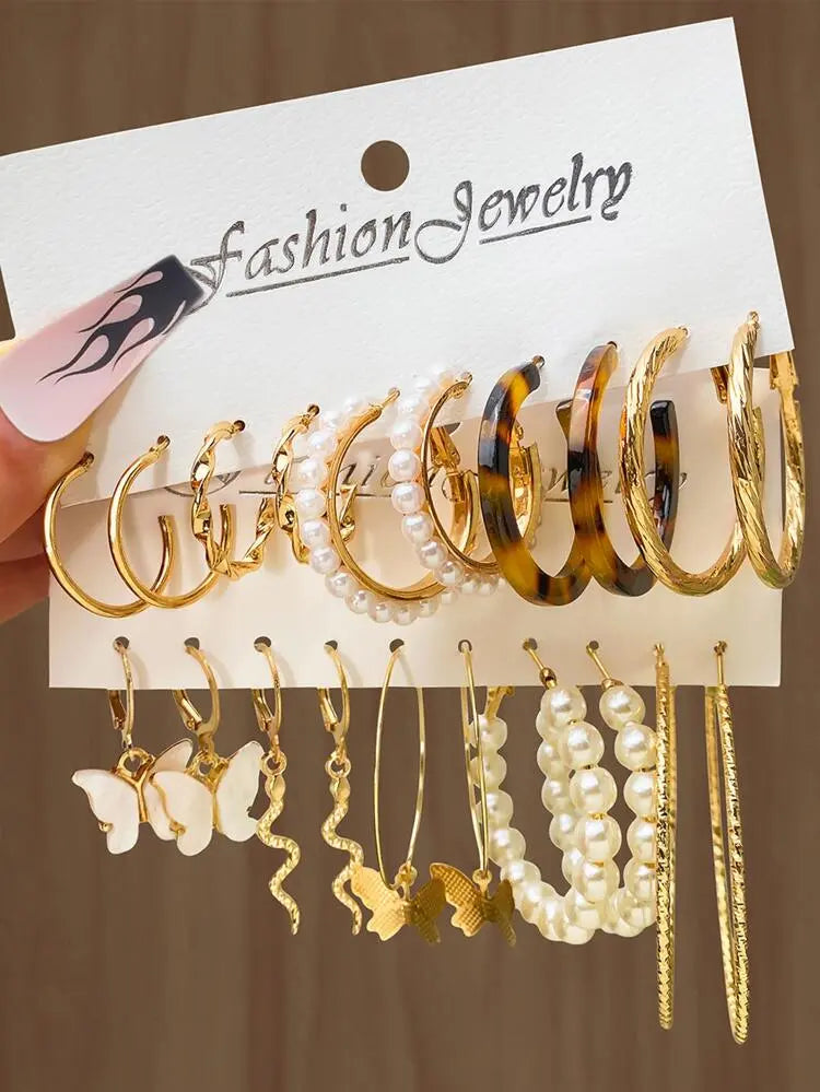 12-Piece Mixed Hoop & Pearl Earrings Set – Gold Style