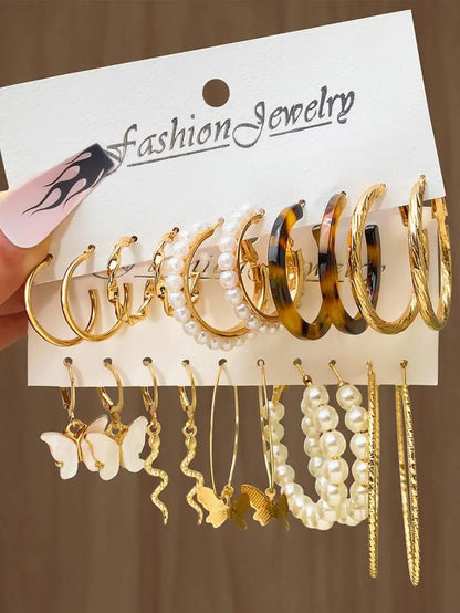 12-Piece Mixed Hoop & Pearl Earrings Set – Gold Style