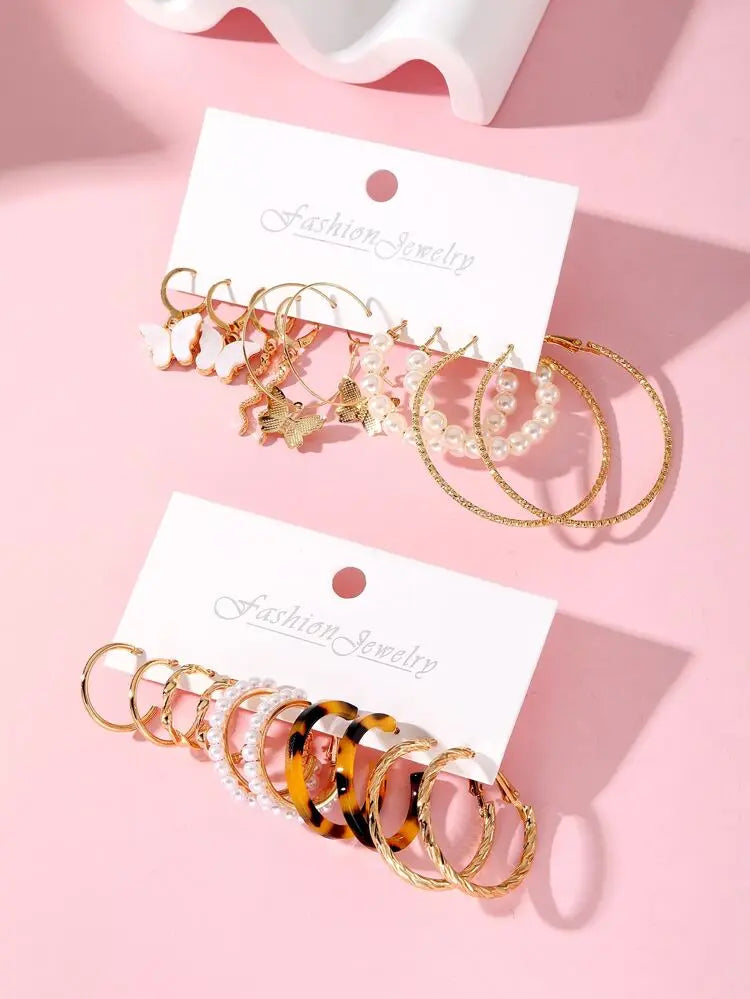 12-Piece Mixed Hoop & Pearl Earrings Set – Gold Style