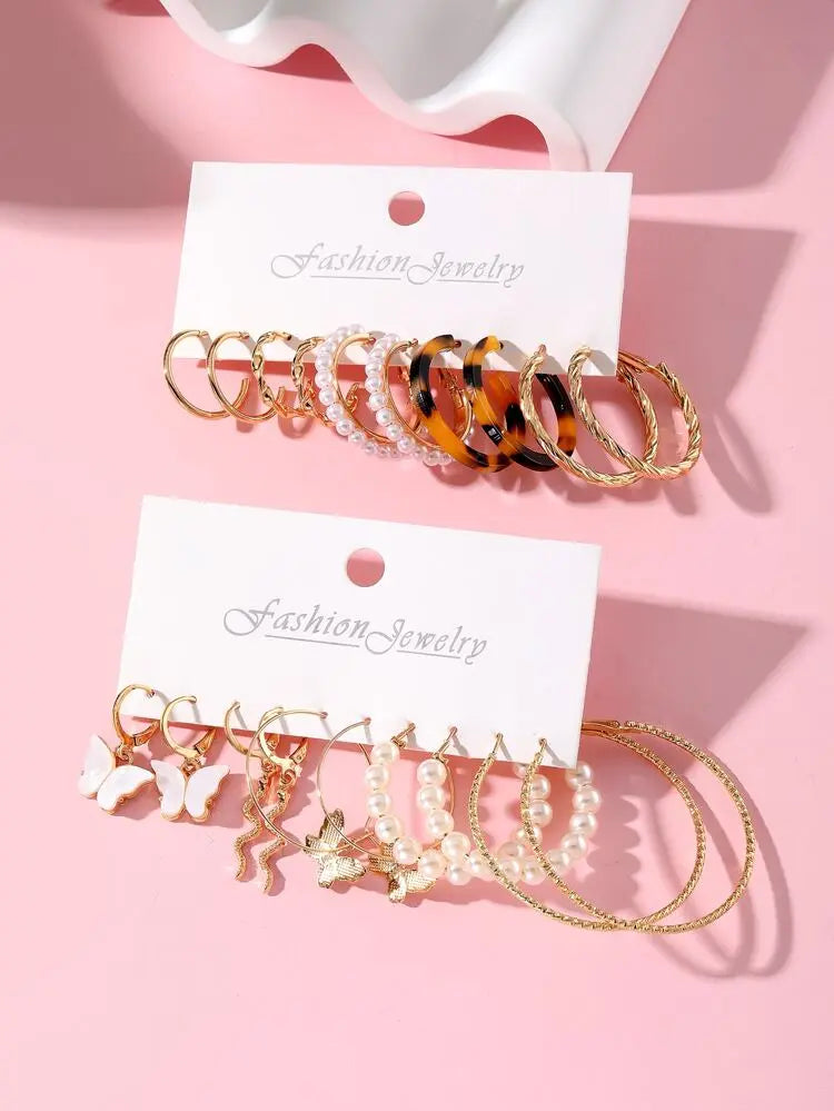 12-Piece Mixed Hoop & Pearl Earrings Set – Gold Style