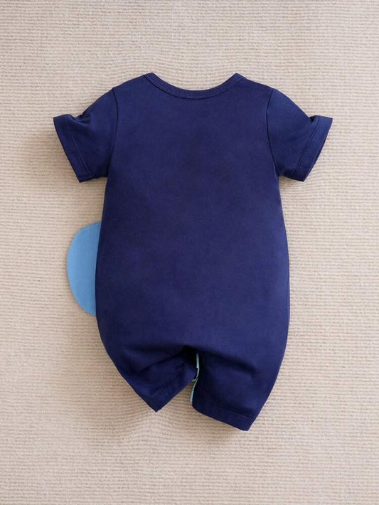 سالوبيت قصير الأكمام بطبعة فيل رضيع – سالوبيت أطفال من مزيج القطن الناعم – بأزرار كبس عند الكتف – أزرق كحلي