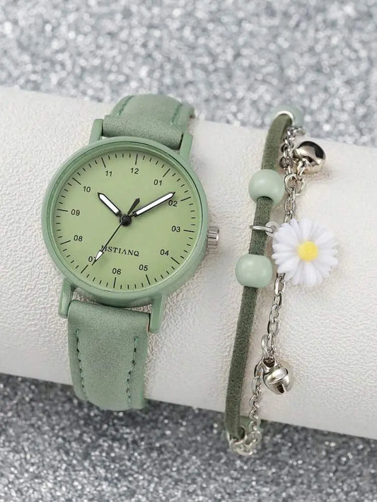 Green Floral Bracelet Watch Set for Women – Casual Elegant Style