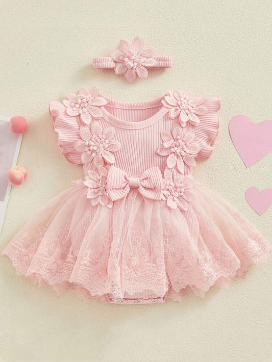 سالوبيت فستان تول بناتي بطبعة زهور مع عصابة رأس – طقم أميرة وردي للحفلات