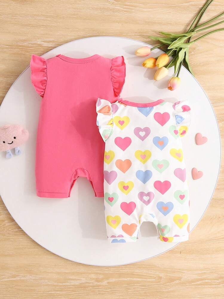 طقم رومبر بناتي بكشكشة الأكمام من قطعتين – وردي سادة وطبعة قلب ملونة، ملابس صيفية من قطعة واحدة
