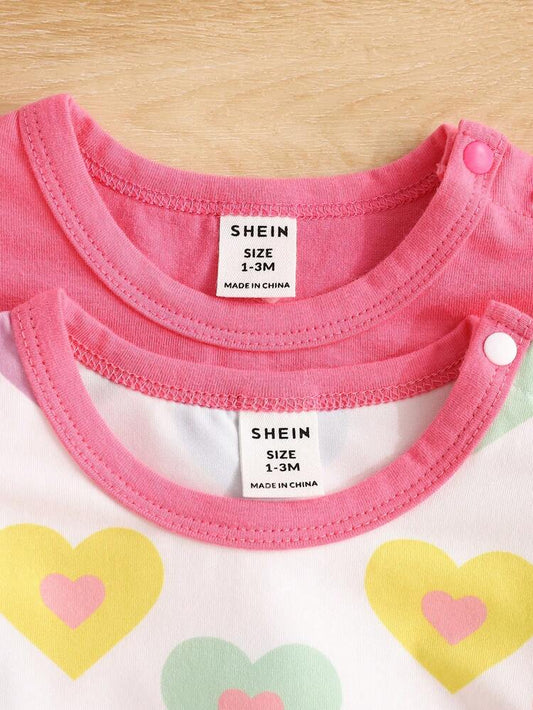 طقم رومبر بناتي بكشكشة الأكمام من قطعتين – وردي سادة وطبعة قلب ملونة، ملابس صيفية من قطعة واحدة