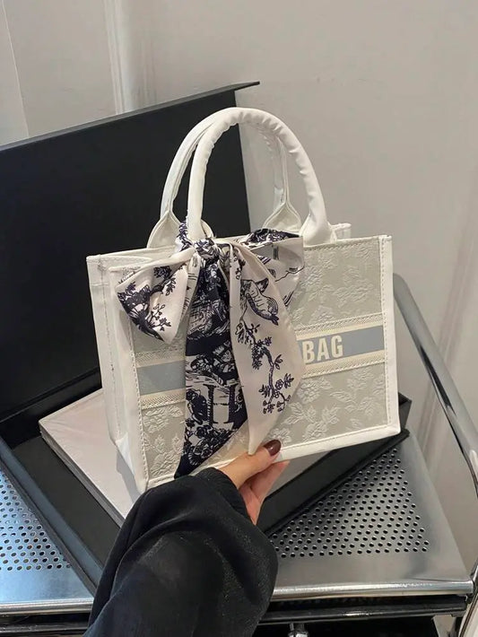 Elegant Structured Handbag with Printed Scarf Bow – Classic Chic Style | Delicado