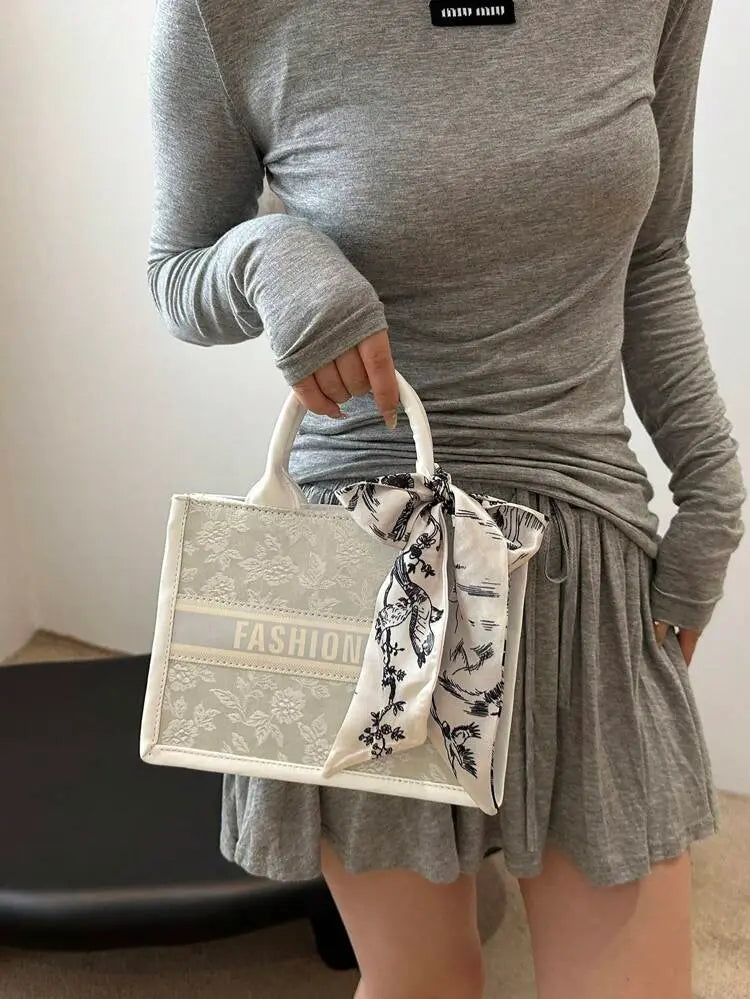 Elegant Structured Handbag with Printed Scarf Bow – Classic Chic Style | Delicado