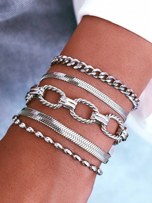 طقم أساور من 5 قطع بلون ذهبي متعدد الطبقات – أساور قابلة للتكديس من سلاسل وخرز وهيليونج – مجوهرات نسائية