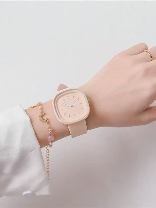 Minimal Square Dial Watch with Moon Charm Bracelet Set – Elegant Style | Delicado