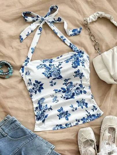 Blue Floral Halter Neck Summer Top for Women