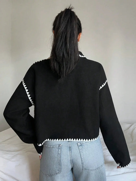 Contrast Trim Knit Cardigan with Pockets – Women’s Casual Button-Up Jacket