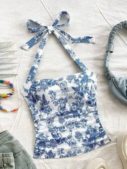 Blue Floral Halter Neck Summer Top for Women