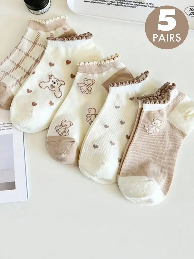 5-Piece Cute Bear Ankle Socks Set – Soft Cotton Style