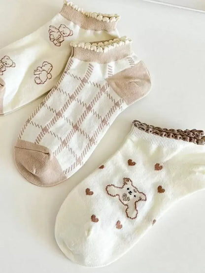 5-Piece Cute Bear Ankle Socks Set – Soft Cotton Style