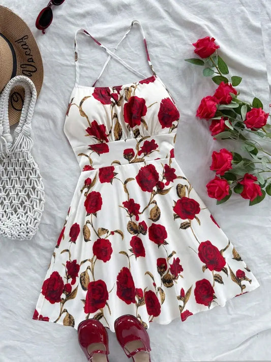 Shein White Floral Cross Back Mini Dress – Rose Print Summer Dress | Delicado