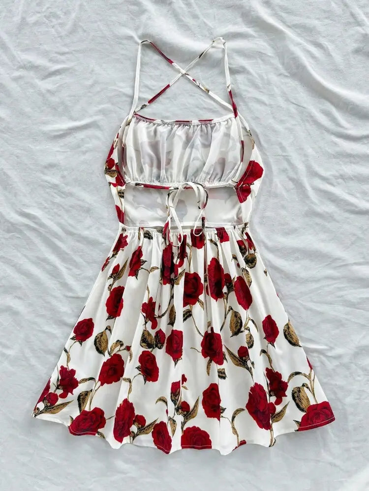 Shein White Floral Cross Back Mini Dress – Rose Print Summer Dress | Delicado