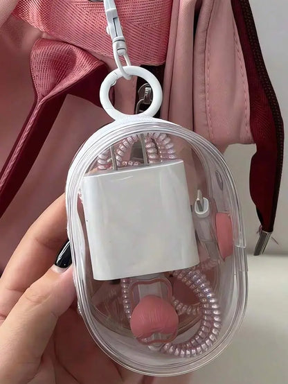 Cute Pink Charging Cable Organizer Case with Keychain – Portable Travel Design