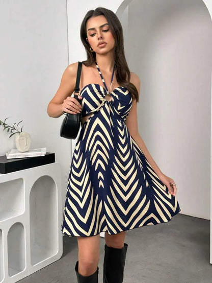 Shein Geometric Halter Mini Dress with Ring Detail – Flared Fit | Delicado