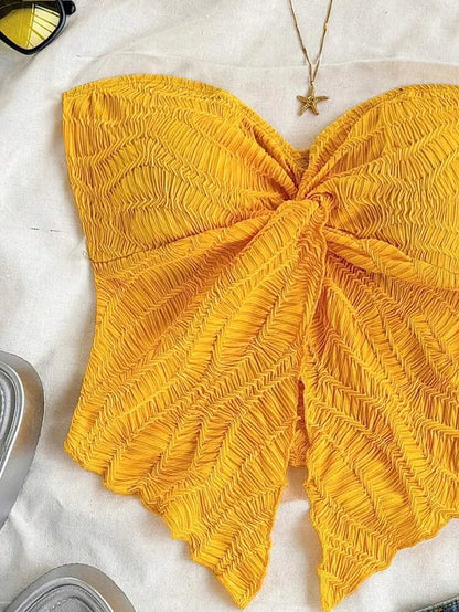 Mustard Yellow Textured Strapless Summer Top for Women