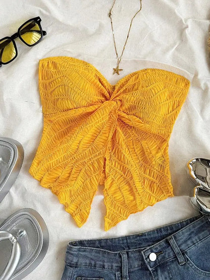 Mustard Yellow Textured Strapless Summer Top for Women