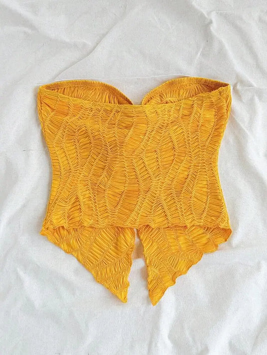 Mustard Yellow Textured Strapless Summer Top for Women
