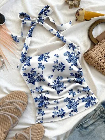 Blue Floral Halter Neck Summer Top for Women