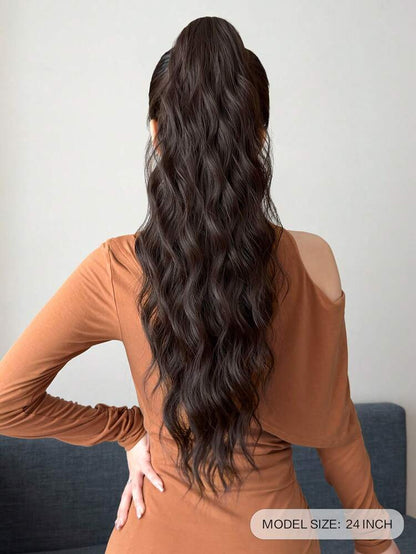 وصلة شعر ذيل حصان مموج طويل - ذيل حصان بني طبيعي بمشبك